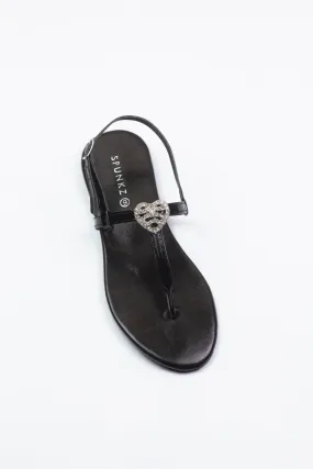 Anya Metallic Black T-Strap Flat Flip Flop Thong Sandals