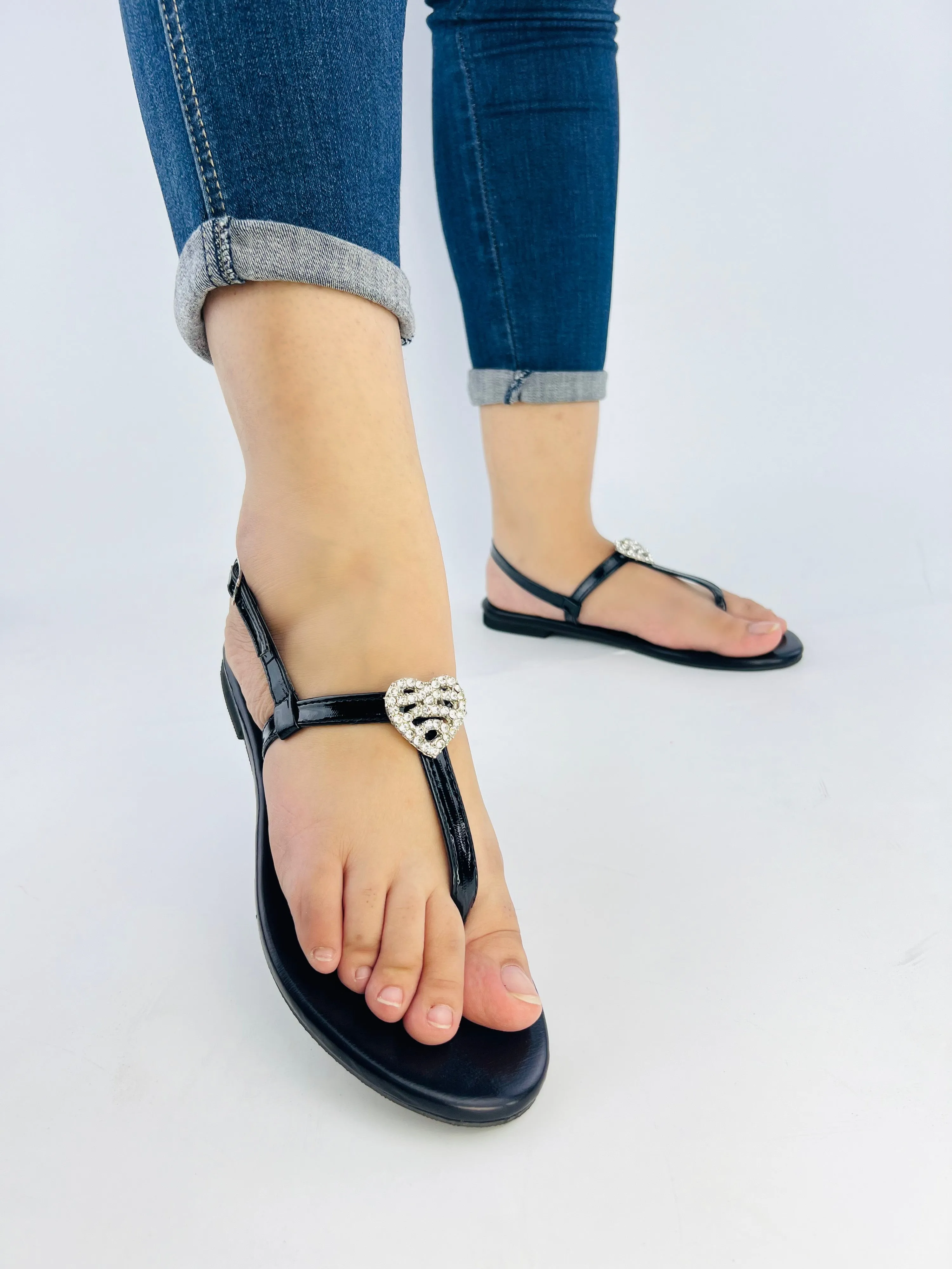 Anya Metallic Black T-Strap Flat Flip Flop Thong Sandals