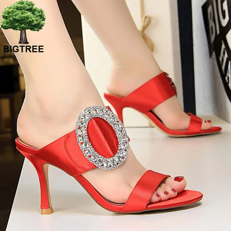 Bigtree Shoes Metal Rhinestone High Heels Woman Pumps 2022 New Women Sandals Slides Fashion Wedding Shoes White Black Heels