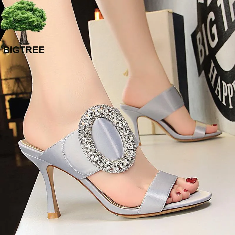 Bigtree Shoes Metal Rhinestone High Heels Woman Pumps 2022 New Women Sandals Slides Fashion Wedding Shoes White Black Heels