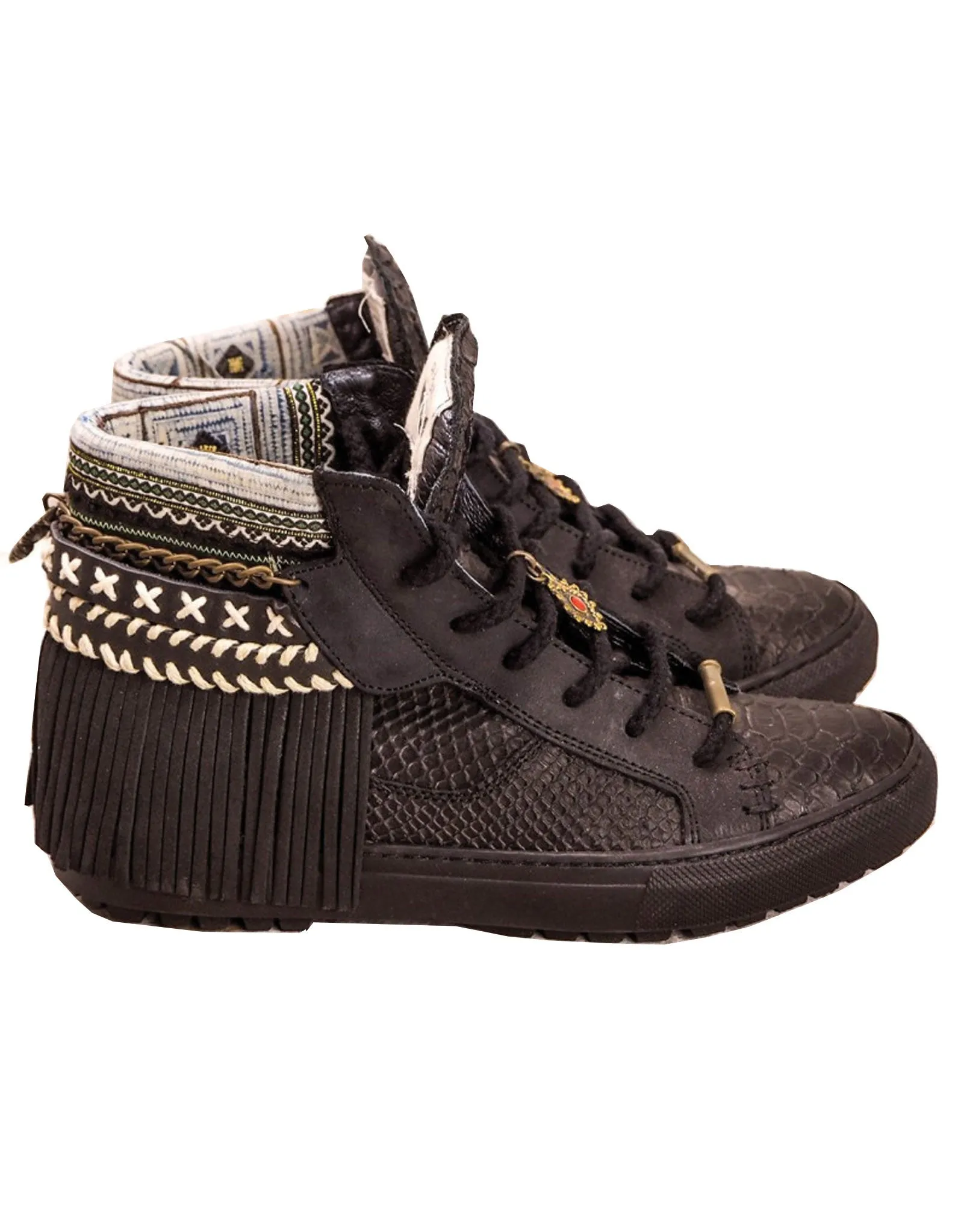 Boho Sneakers with Fringe in Black Snake