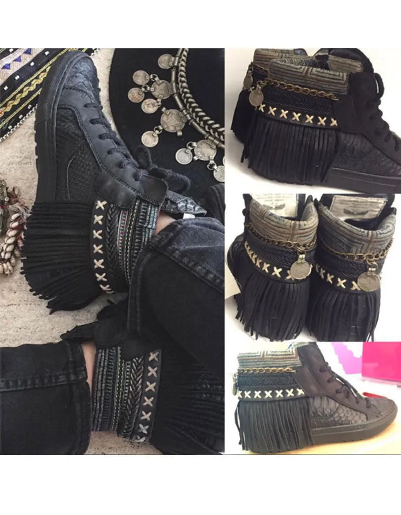 Boho Sneakers with Fringe in Black Snake