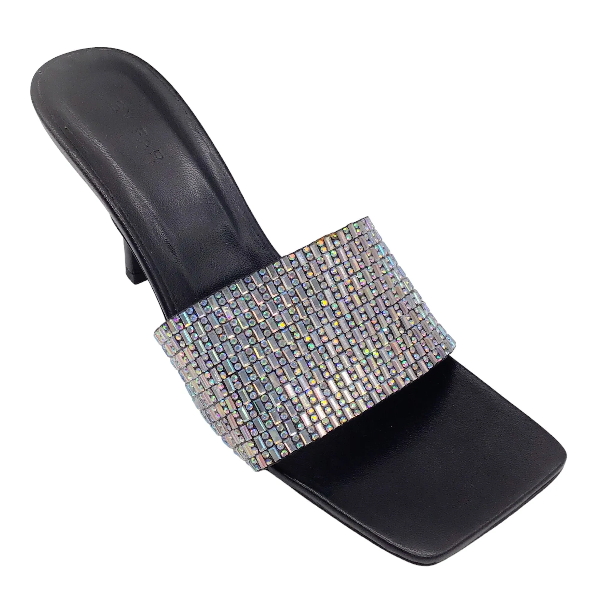 By Far Black / Silver Crystal Embellished Square Toe Sandals