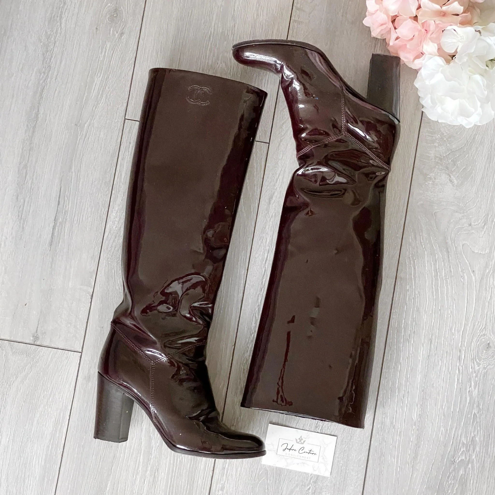 Chanel Burgundy Patent Knee High Boots 37