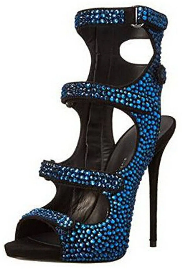 Crystal Strappy Sandals - Blue or Gold