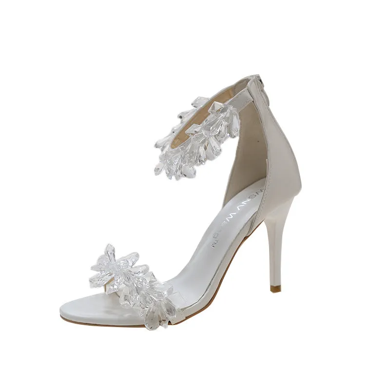 DEANWANGKT  Fairy Style Ankle-Strap Stilettos Sandals for Women  Spring/Summer New Style White Crystal Wedding Shoes Rhinestone High Heel Shoes Women