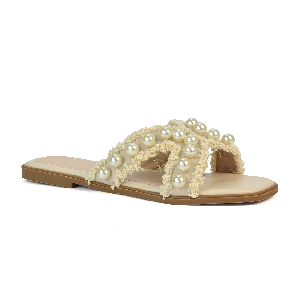 Elmas Cut Out Strap Flat Sandals Diamante Pearl Fringe Summer Shoes in Nude