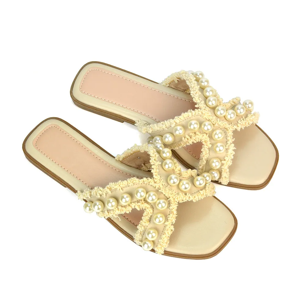 Elmas Cut Out Strap Flat Sandals Diamante Pearl Fringe Summer Shoes in Nude