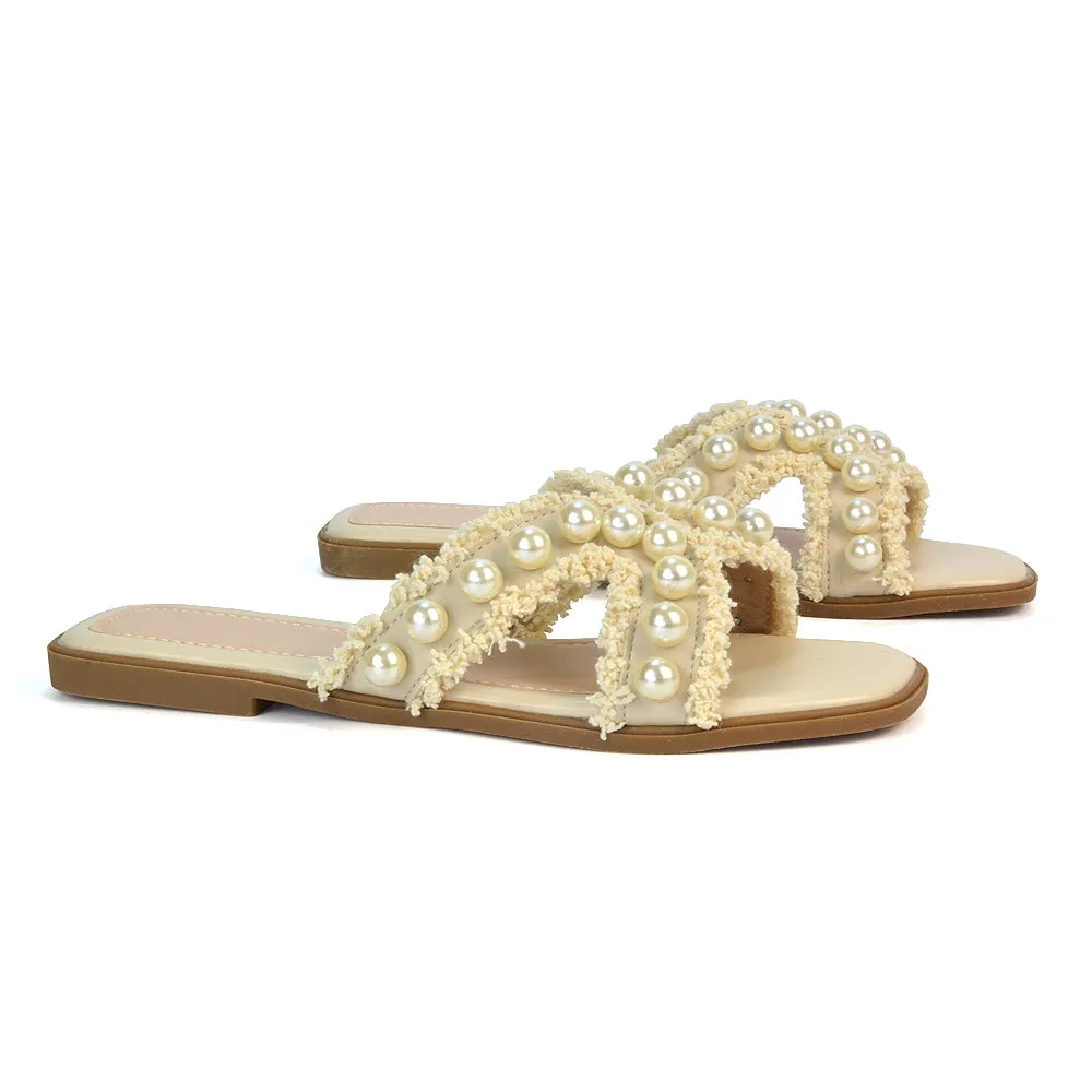 Elmas Cut Out Strap Flat Sandals Diamante Pearl Fringe Summer Shoes in Nude