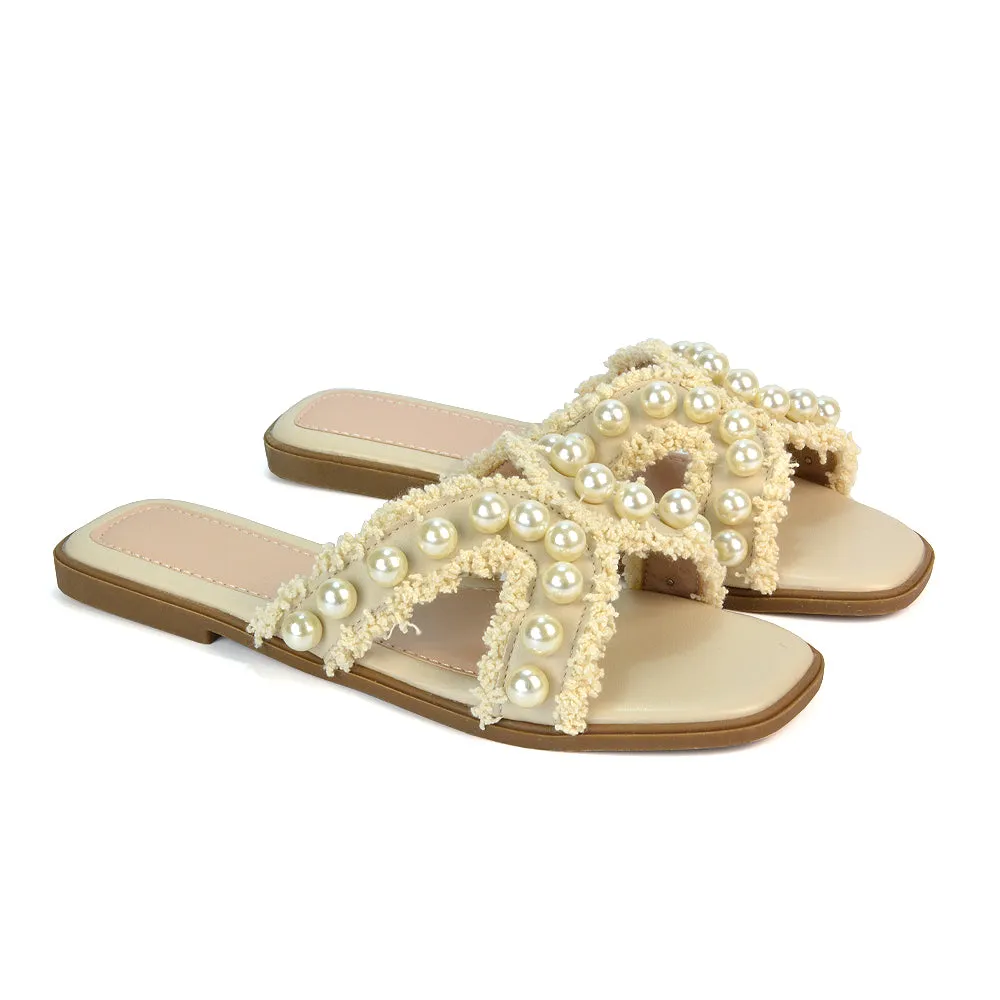 Elmas Cut Out Strap Flat Sandals Diamante Pearl Fringe Summer Shoes in Nude