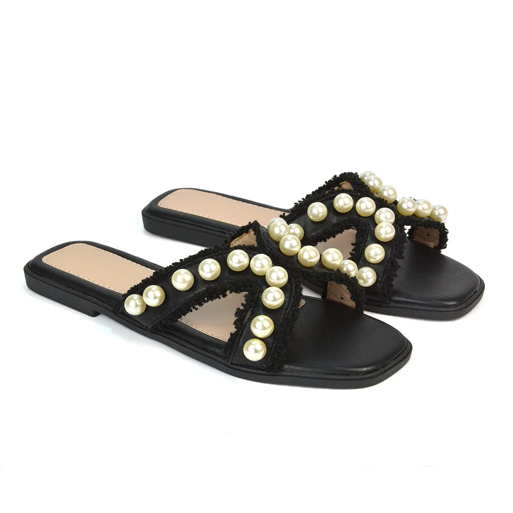 Elmas Cut Out Strap Flat Sandals Diamante Pearl Fringe Summer Shoes in Nude