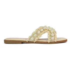 Elmas Cut Out Strap Flat Sandals Diamante Pearl Fringe Summer Shoes in Nude