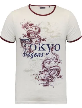 Equador Tokyo Dragons Print Crew Neck T-Shirt in Ecru