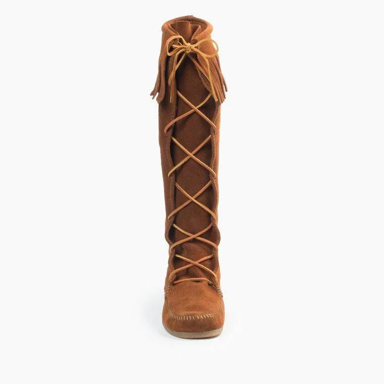 Front Laced Knee High Fringe Moccasin Boot in Brown