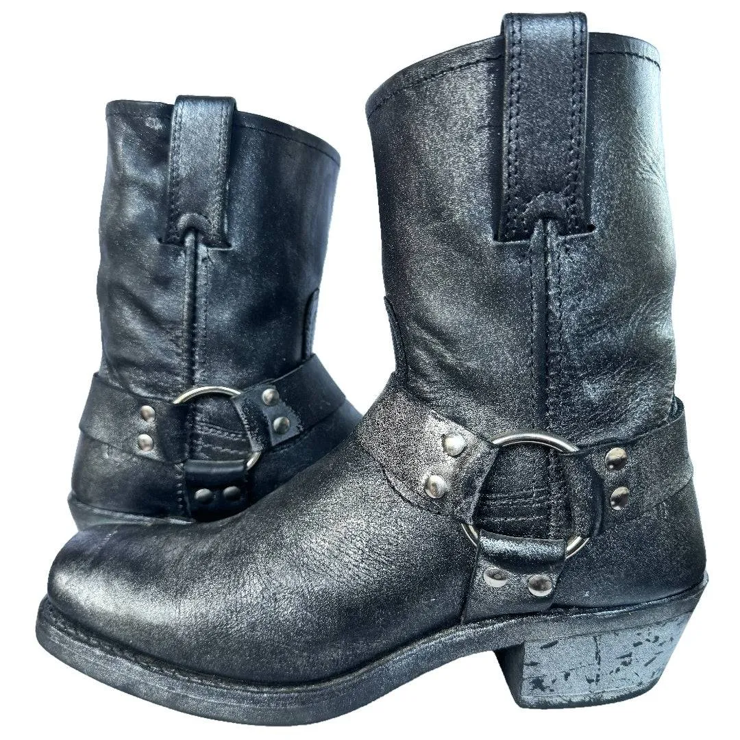 FRYE Harness Biker Moto Motorcycle Black Metallic Short Ankle Bootie Boots