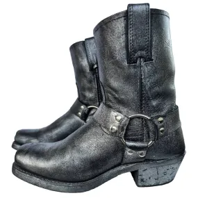 FRYE Harness Biker Moto Motorcycle Black Metallic Short Ankle Bootie Boots