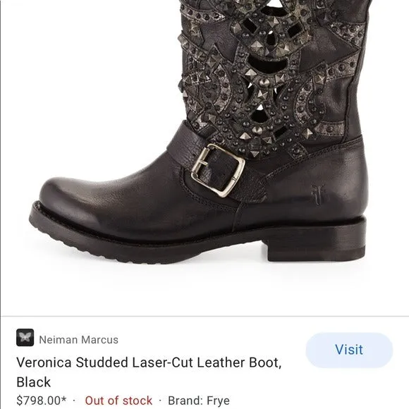 FRYE Veronica Laser Cut Out Studded Harness Black Moto Biker Boots