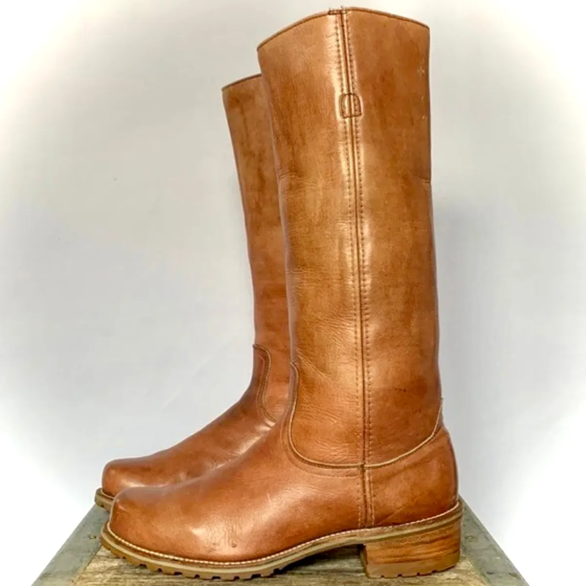 FRYE Vintage Tall Knee High Brown Leather Lug Sole Boots