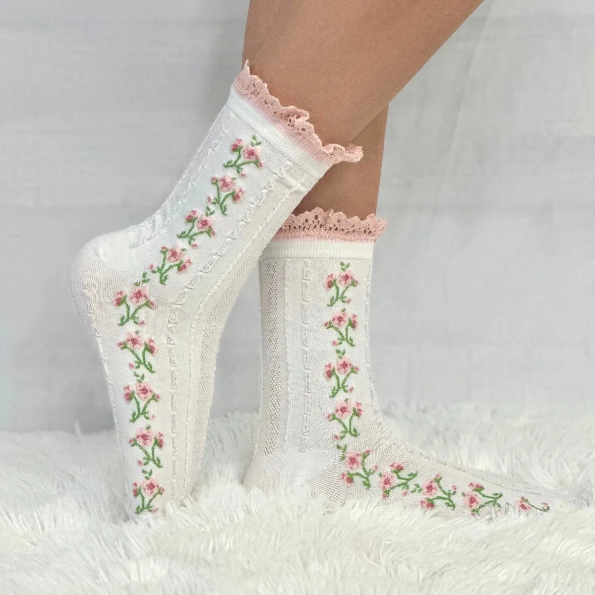 GARDEN PARTY floral lace ankle sock - pink white