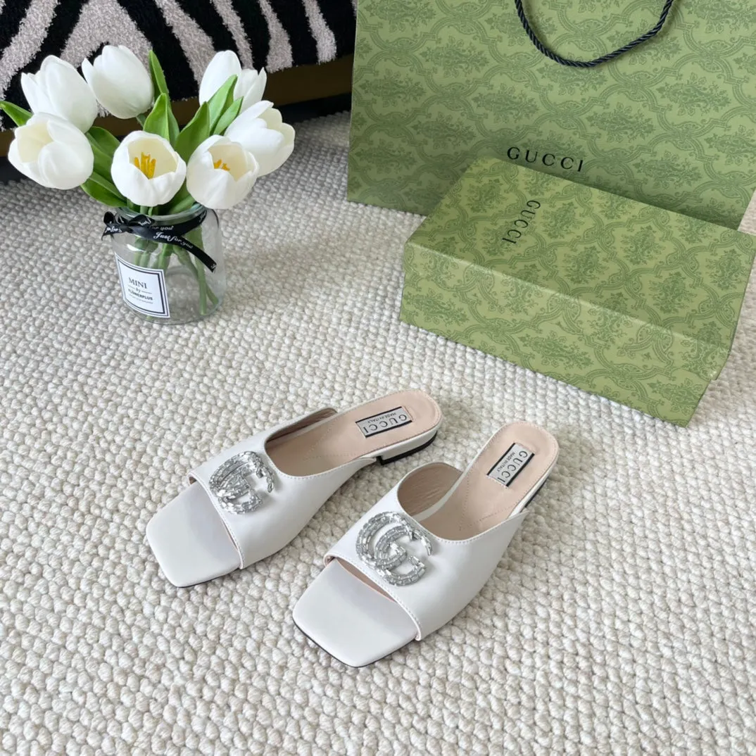 GG CRYSTAL SLIDES SANDAL WHITE CALFSKIN