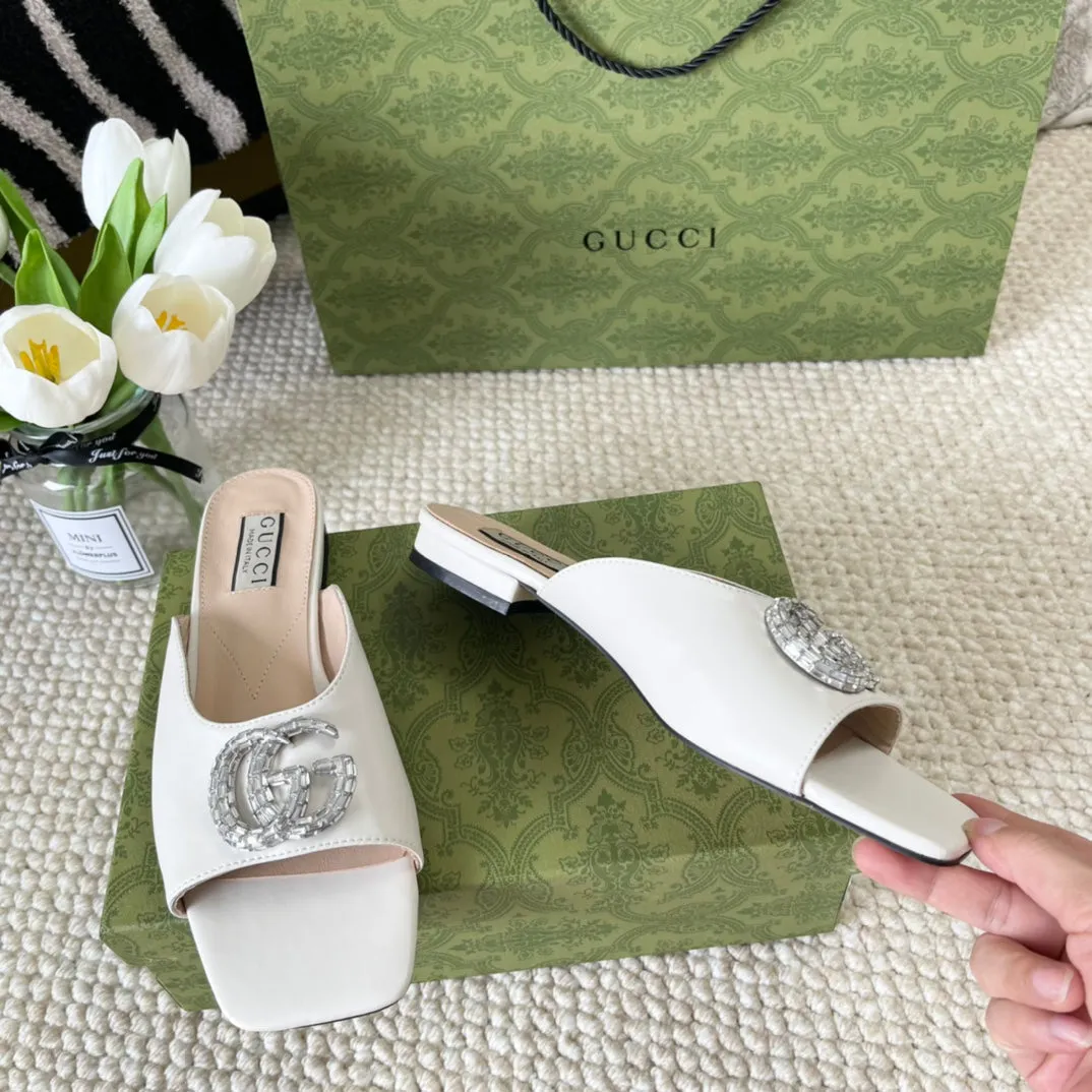 GG CRYSTAL SLIDES SANDAL WHITE CALFSKIN