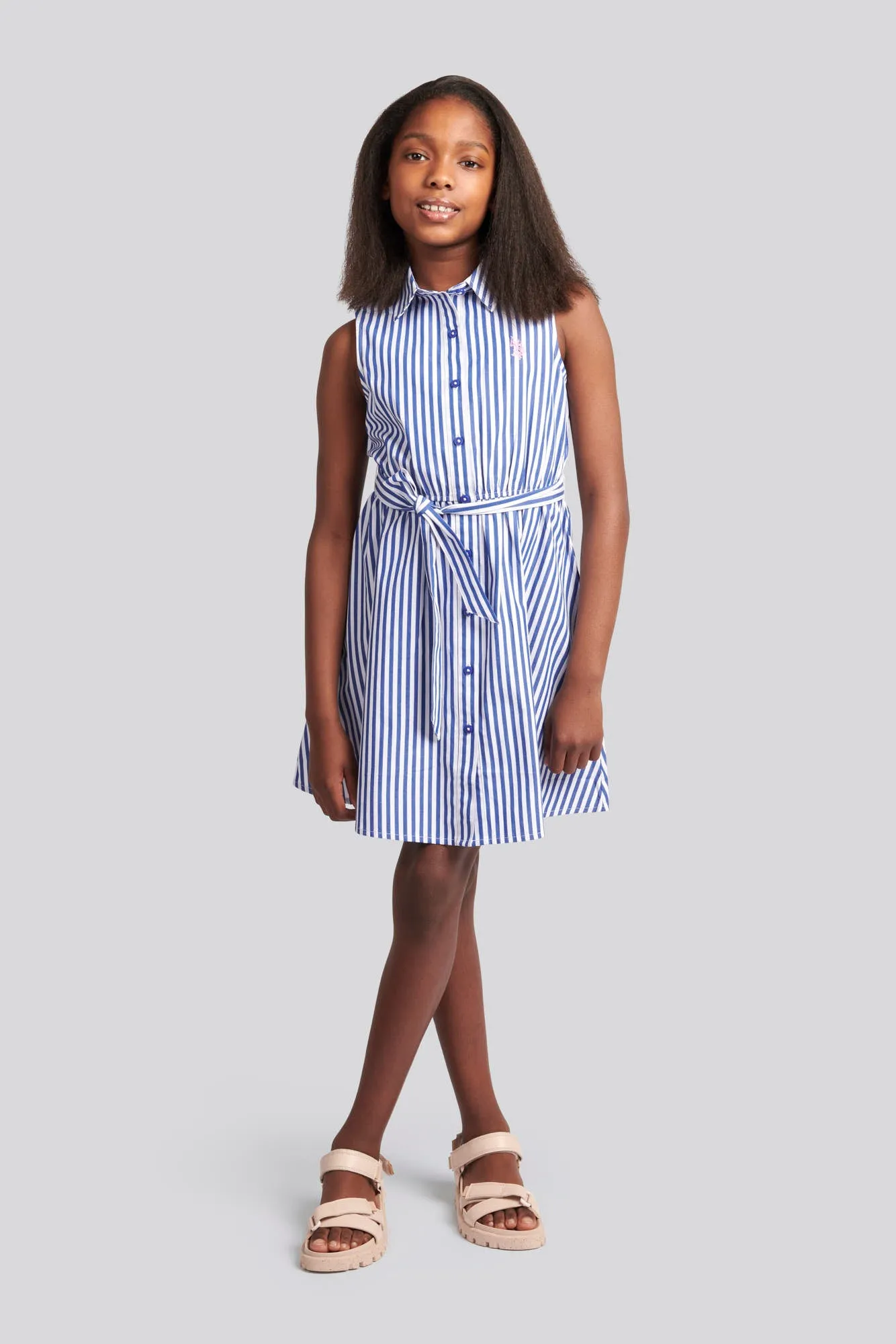 Girls Striped Sleeveless Shirt Dress in Regatta Blue