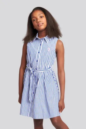 Girls Striped Sleeveless Shirt Dress in Regatta Blue