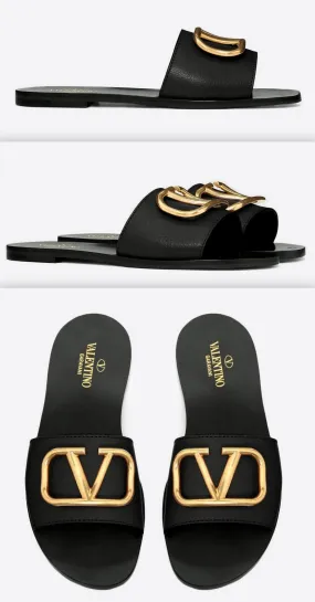 Grainy Cowhide Slide Sandal with Go Logo Detail, Black