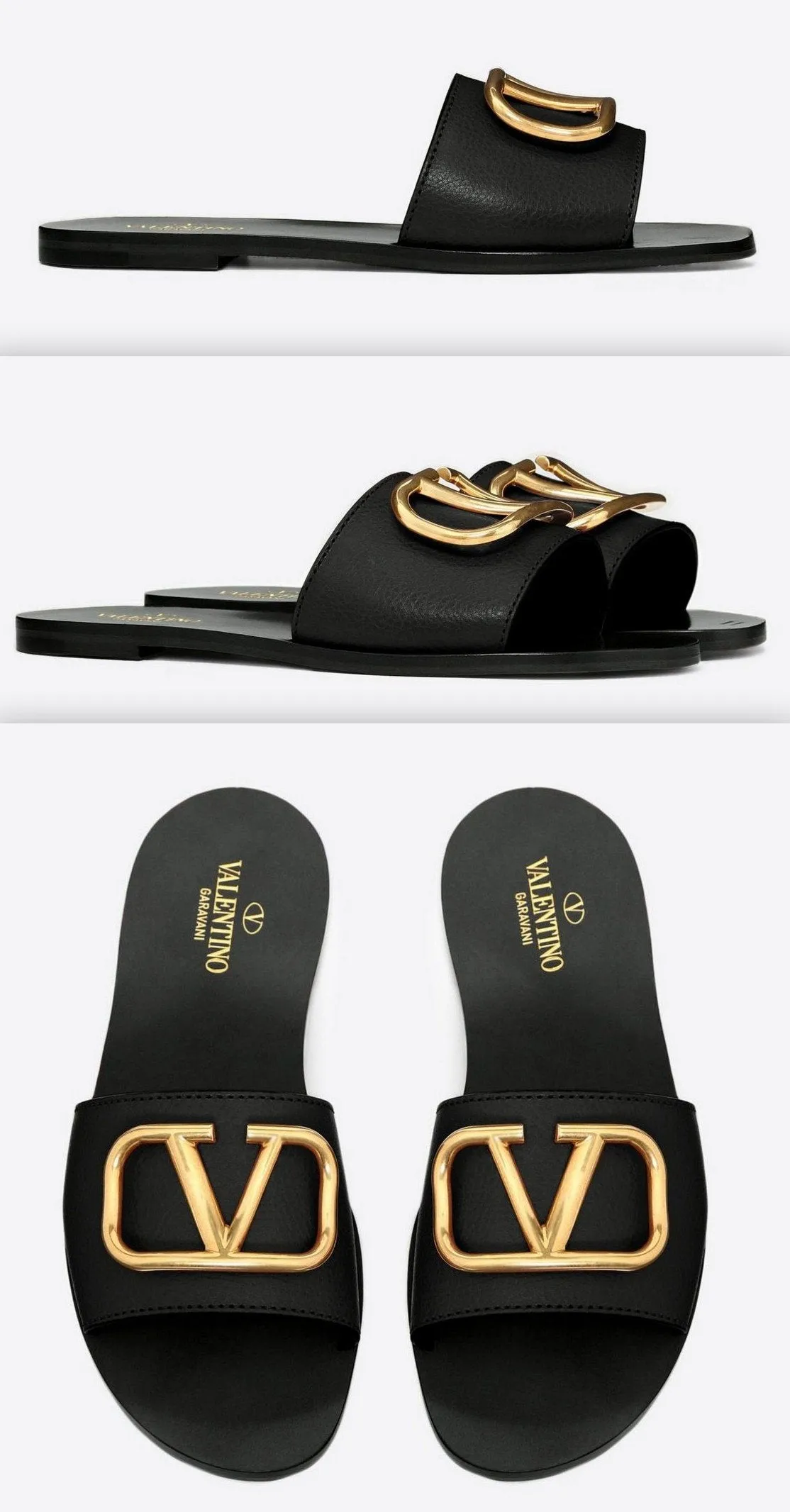 Grainy Cowhide Slide Sandal with Go Logo Detail, Black