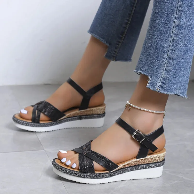 Hnzxzm Summer Wedge Sandals for Women Buckle Strap Platform Rome Sandals Woman Open Toe Thick Bottom No-Slip Sandalias Mujer Plus Size