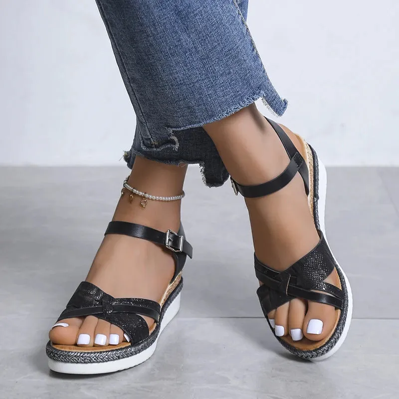 Hnzxzm Summer Wedge Sandals for Women Buckle Strap Platform Rome Sandals Woman Open Toe Thick Bottom No-Slip Sandalias Mujer Plus Size