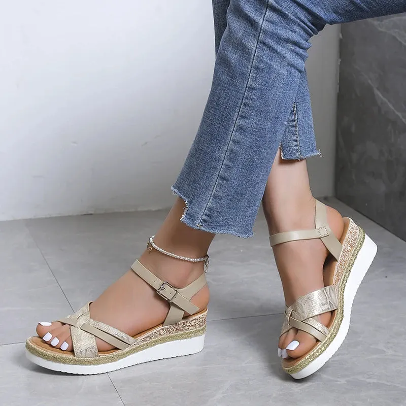 Hnzxzm Summer Wedge Sandals for Women Buckle Strap Platform Rome Sandals Woman Open Toe Thick Bottom No-Slip Sandalias Mujer Plus Size