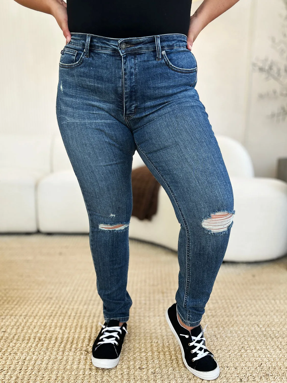 Judy Blue Mid Waist Distressed Slim Jeans [Online Exclusive]