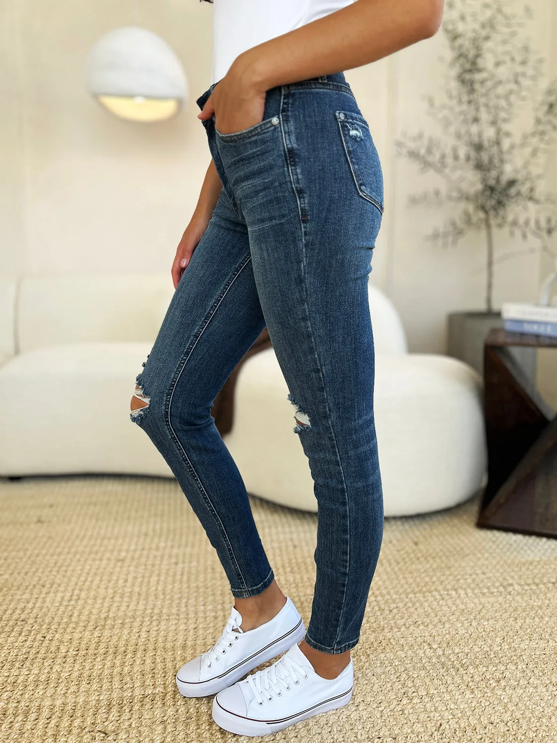 Judy Blue Mid Waist Distressed Slim Jeans [Online Exclusive]