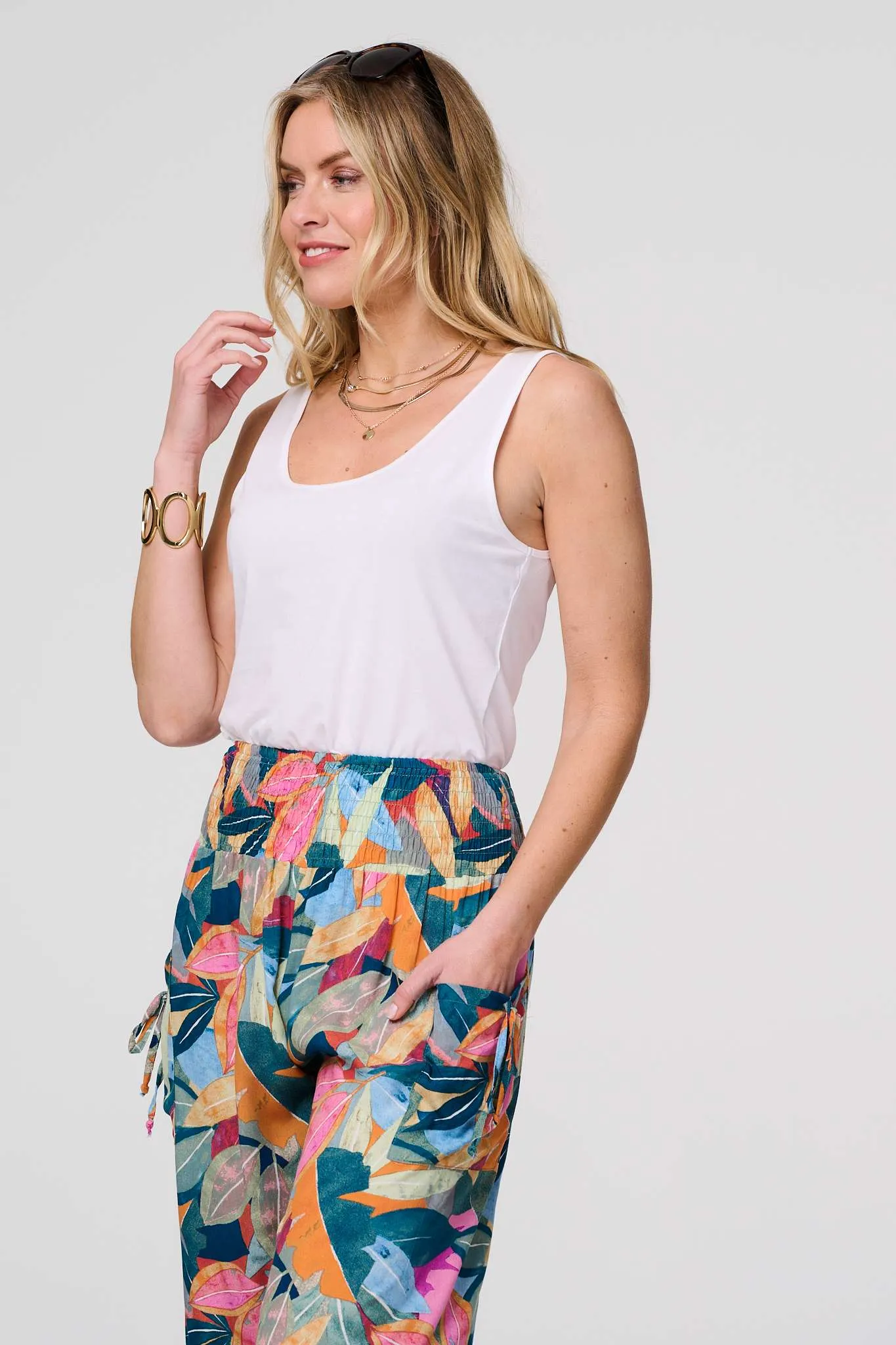 Leaf Print Tassel Pocket Harem Pants