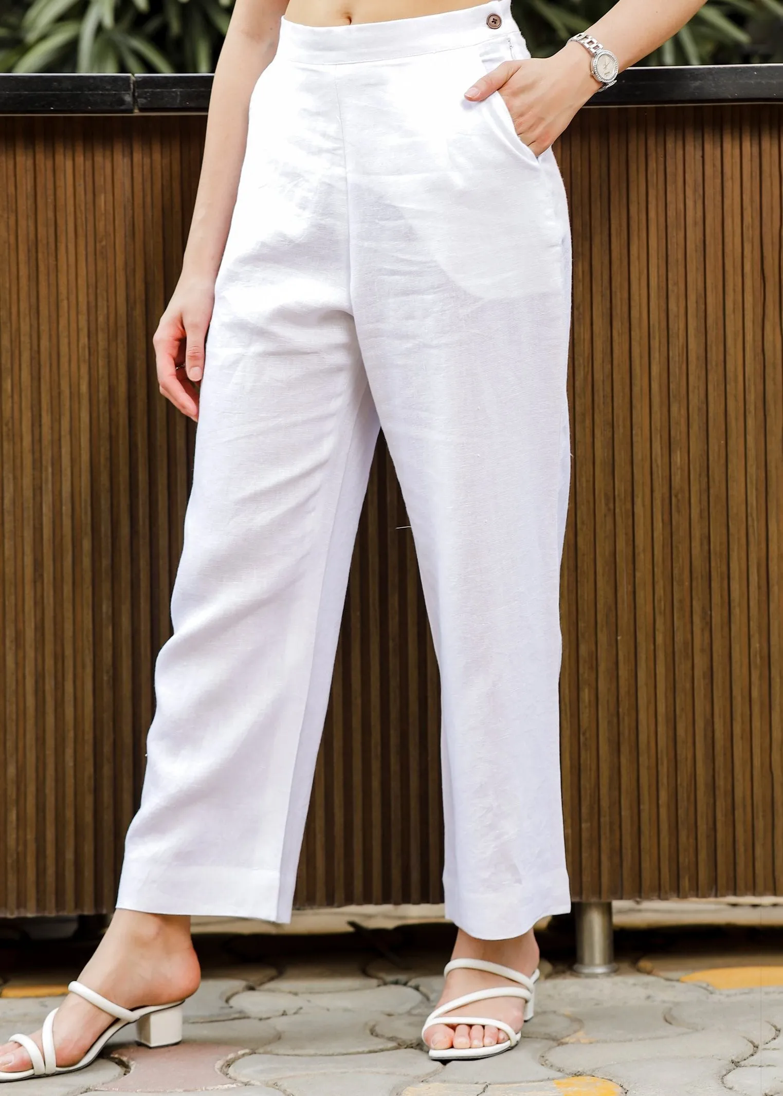 Luna - Ankle Length Pure Linen Trousers - White