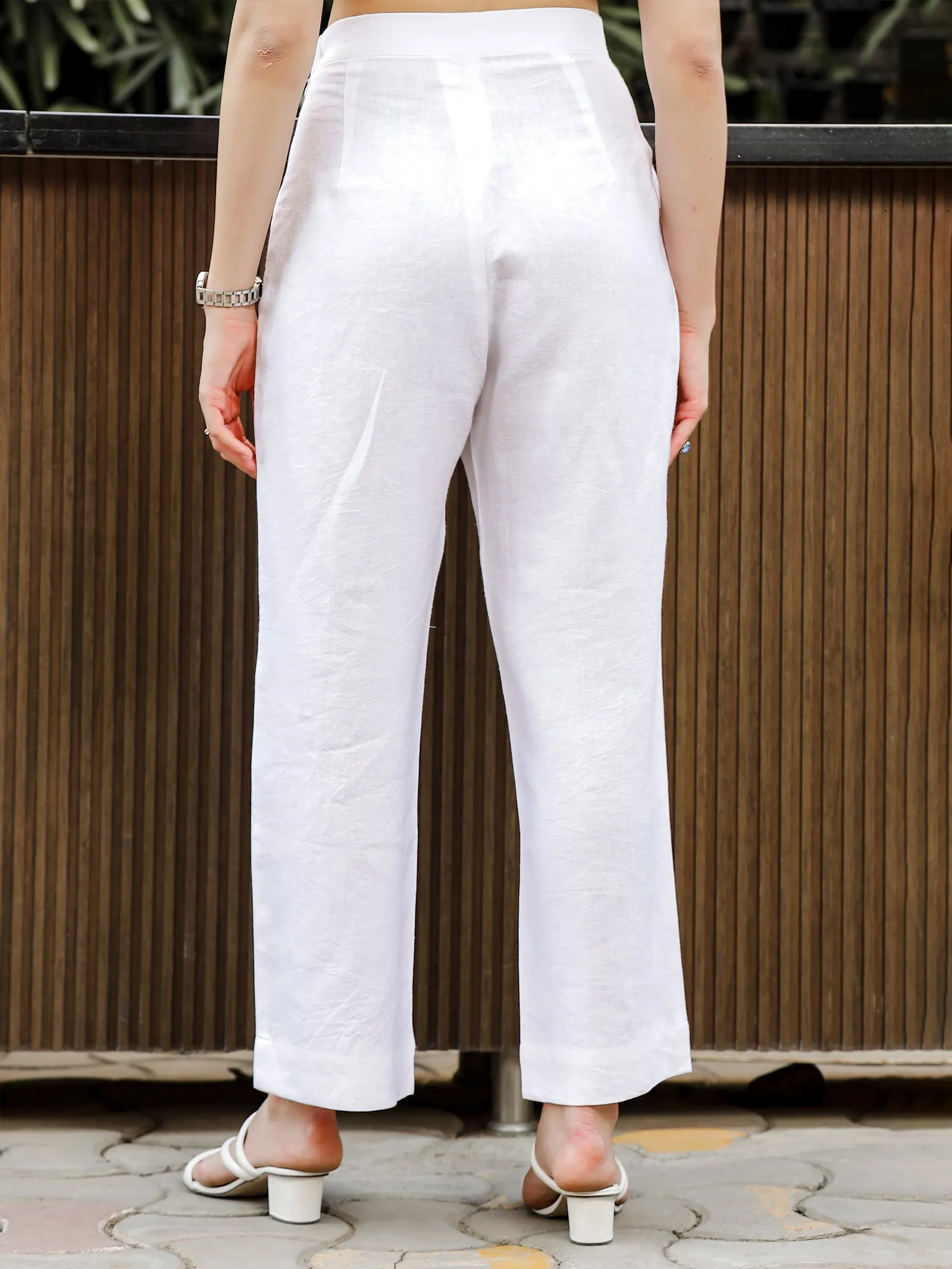 Luna - Ankle Length Pure Linen Trousers - White