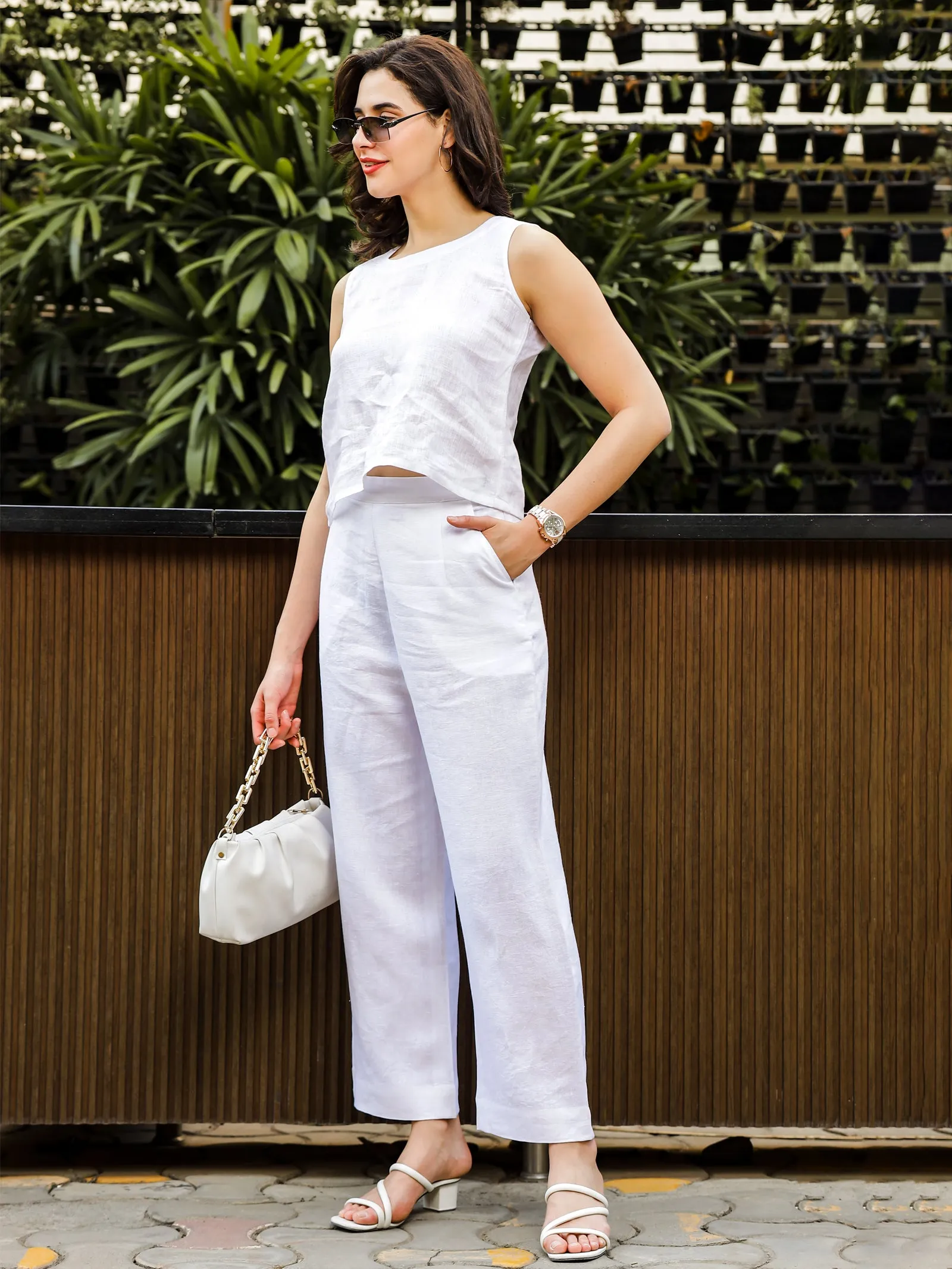 Luna - Ankle Length Pure Linen Trousers - White