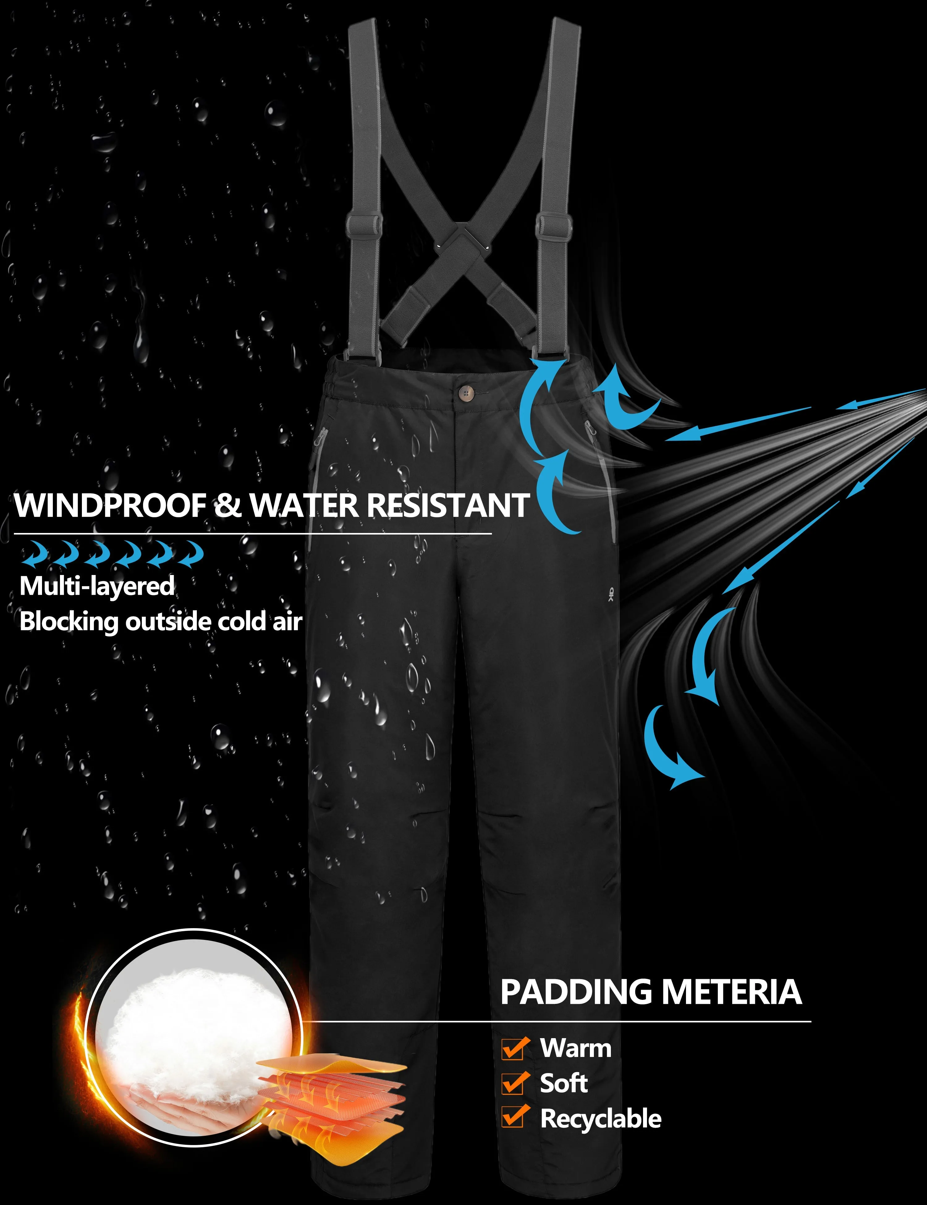 Men's Water Resistant Ski Bibs Insulated Snow Pants with Detachable Suspenders