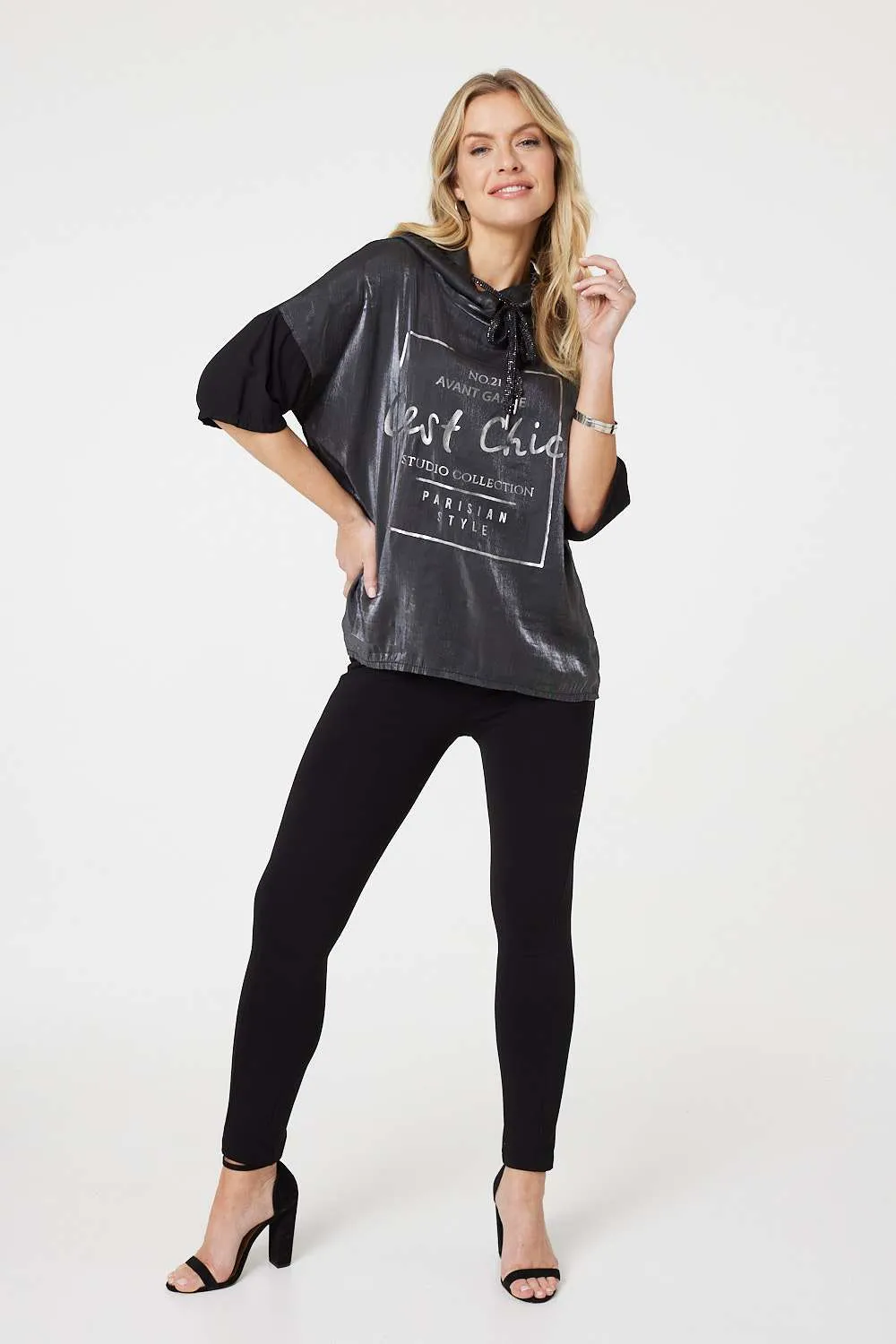 Metallic Logo Print Hooded Top