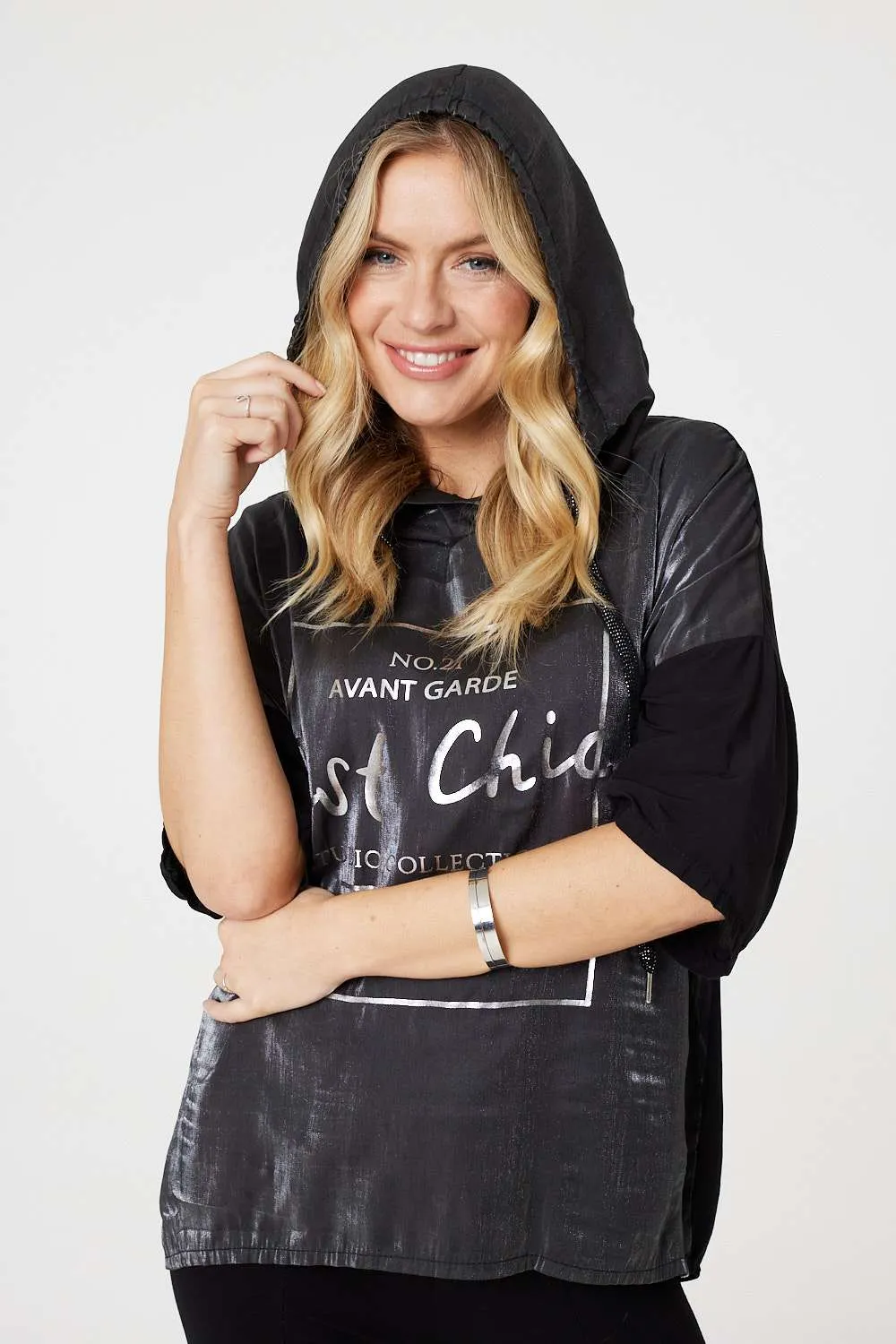 Metallic Logo Print Hooded Top