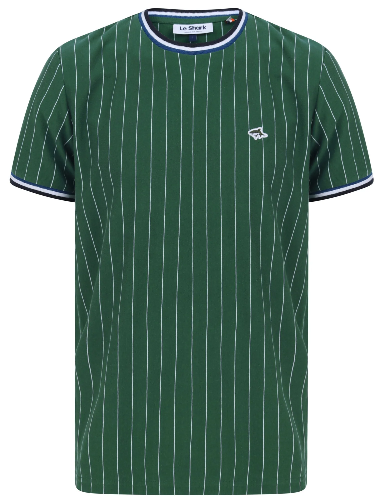 Montague Pinstripe Cotton Jersey T-Shirt with Ribbed Tipping in Hunter Green - Le Shark