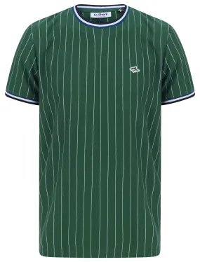 Montague Pinstripe Cotton Jersey T-Shirt with Ribbed Tipping in Hunter Green - Le Shark