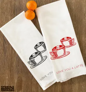 Natural Cotton Flour Sack Kitchen Towels - Love You a LATTE Coffee Design - 28x33 inch