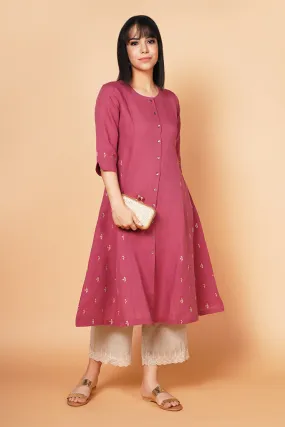 Old Rose A-Line Embroidered Linen Kurta