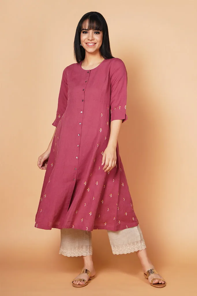 Old Rose A-Line Embroidered Linen Kurta