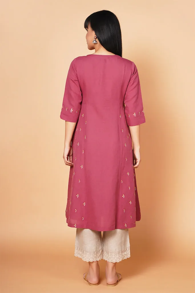 Old Rose A-Line Embroidered Linen Kurta