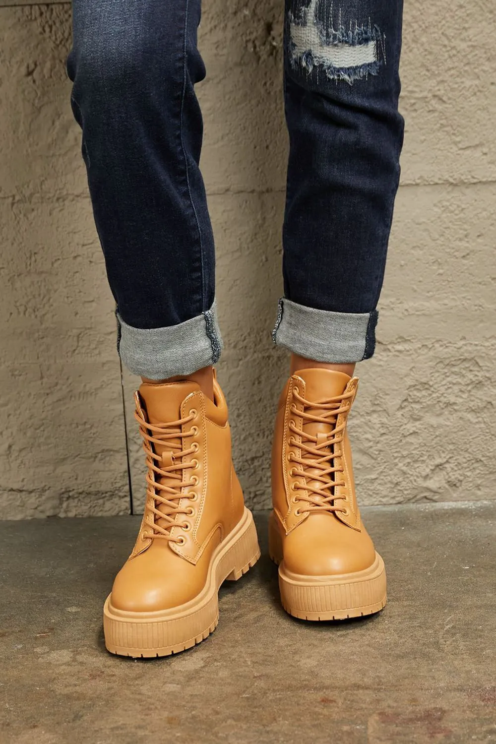 Platform Combat Boots in Caramel