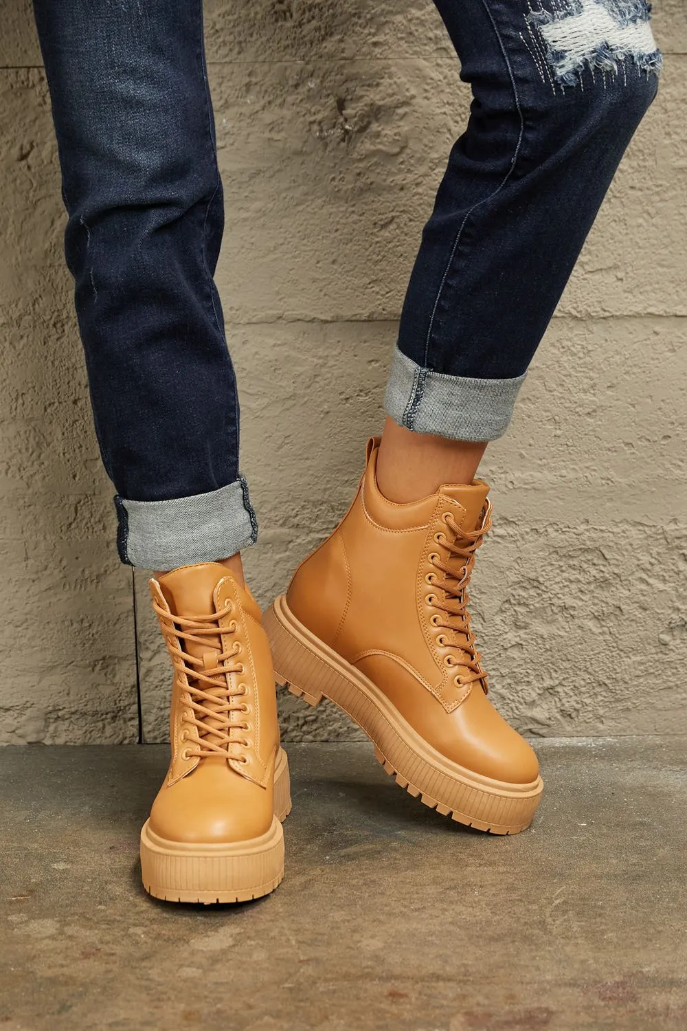 Platform Combat Boots in Caramel