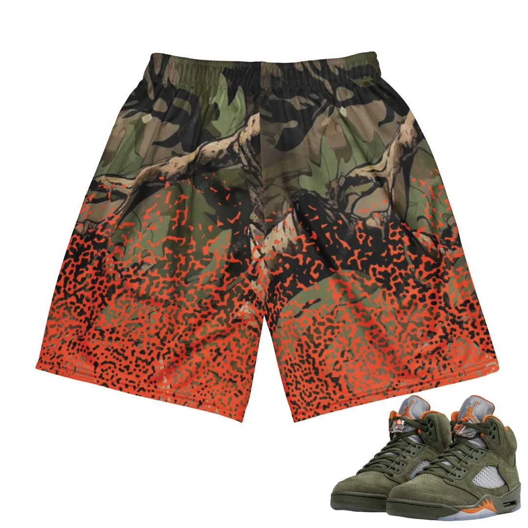 Retro 5 Olive/Solar Orange Camo Mesh Shorts